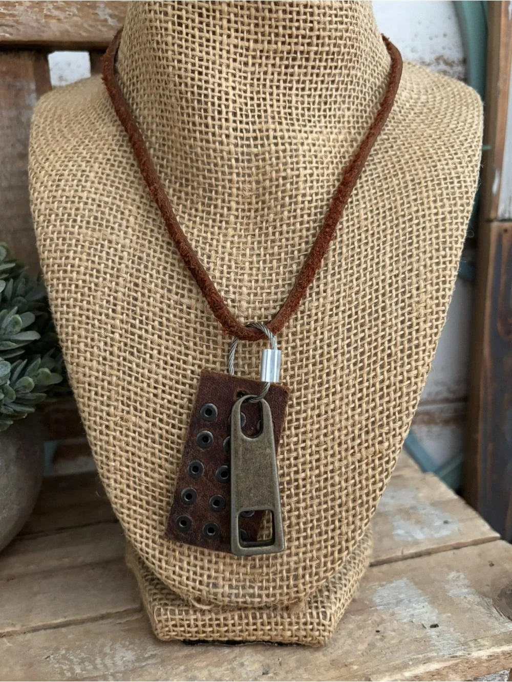 Leather Brass Studs/Zipper Charms Necklace Unisex NEW!